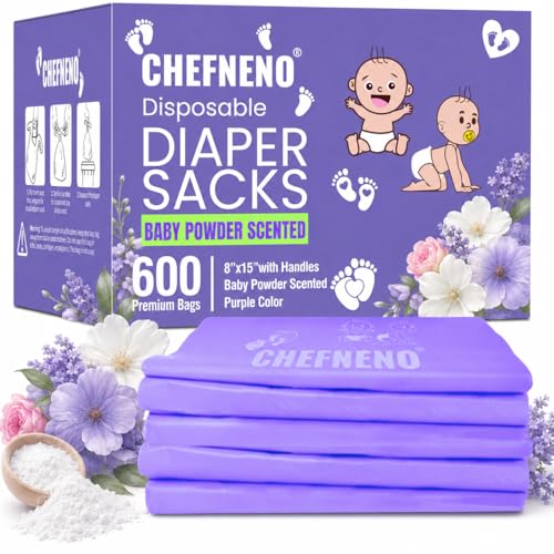 Image of Baby Disposable Diaper Sacks (600 ct.) Fresh Baby Powder Scented, Easy-Tie Diaper Sacks Disposal Bulk Diaper Sacks Dog Poop Bags Cat Litter Waste Bags Sanitary Pads Disposal Bags (600 Bags, Purple)