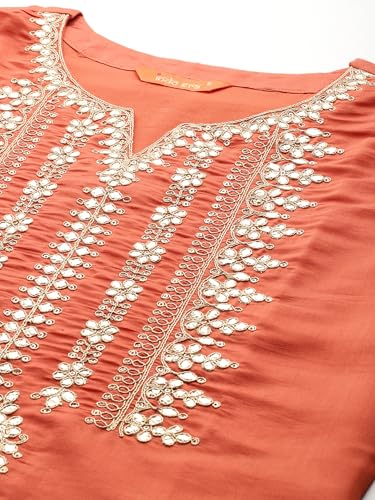 Image of INDO ERA Women's Silk Blend Embroidered Straight Kurta with Pant & Dupatta