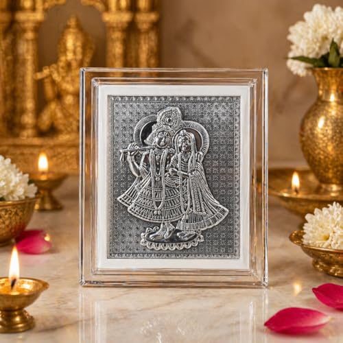 Image of 999 Silver Radha Krishna Photo Frame for Mandir, Return Gift, Housewarming, Anniversary, Janmashtami | Banke Bihari, Govind Divine Tasveer for Blessing Ceremony- 11x9x4 CM