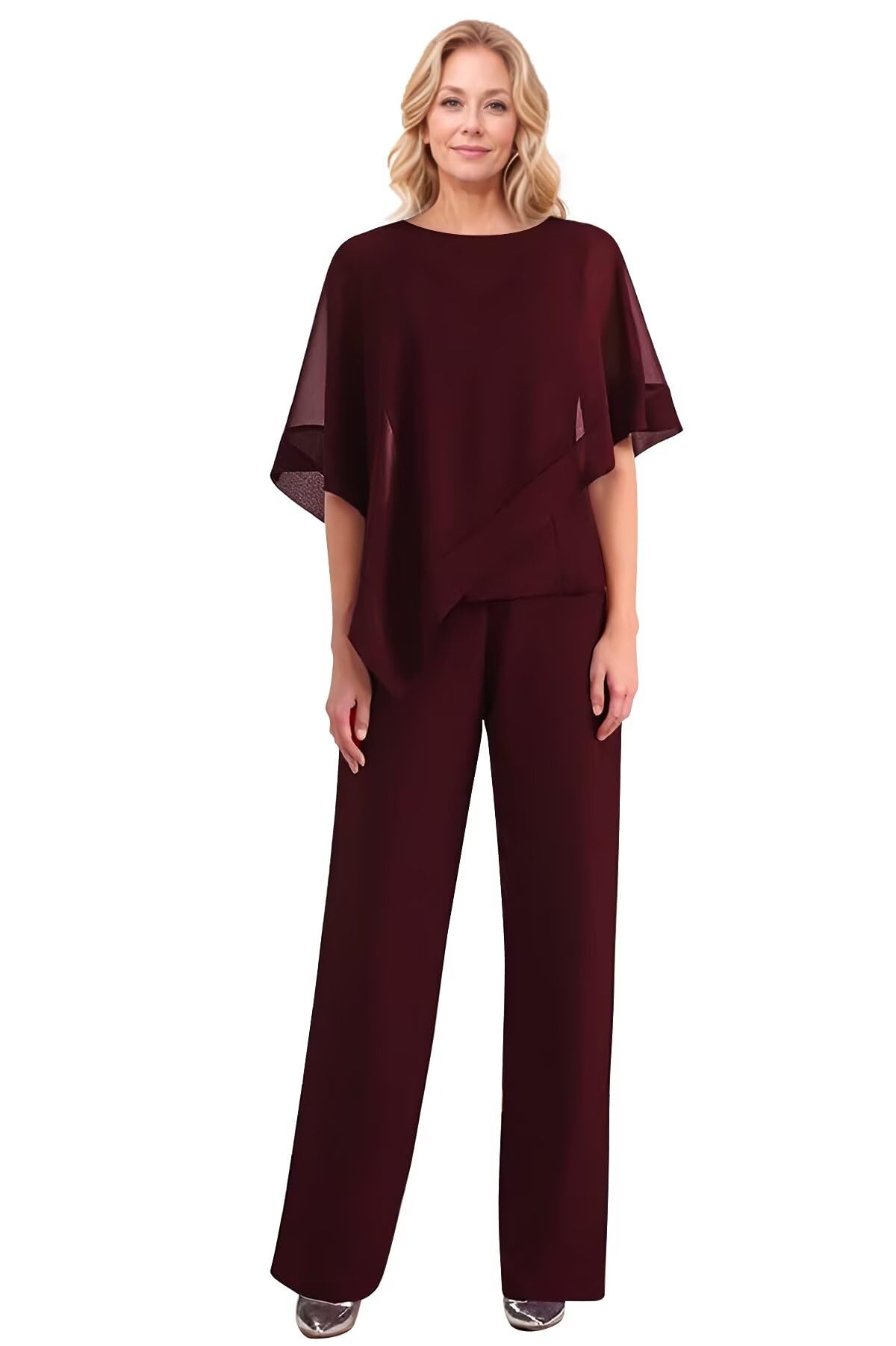 Cape Sleeves Mother of The Bride Pant Suits for Wedding Scoop Neck Tiered Chiffon Formal Wedding Guest Outfit