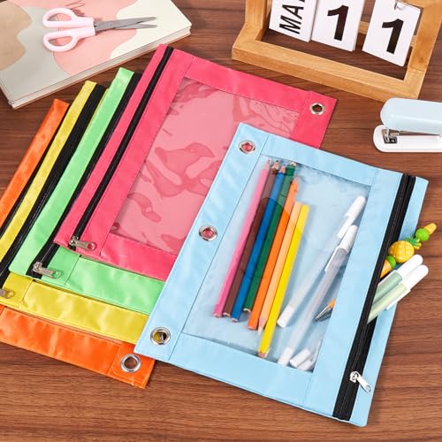 CRASPIRE 5Pcs 5 Colors Zippered Pencil Pouches for 3 Ring Oxford Cloth Pen Bags Cases Pouch Box Cosmetic Bags with Clear Window for Pencil Storing School Teacher Supplies Stationery - Image 4