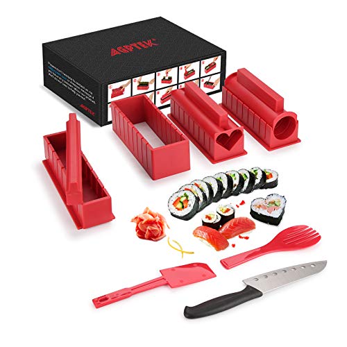 Sushi Making Kit, AGPTEK 11pcs DIY Sushi Making Set for Beginners , Complete Plastic Sushi Maker Tool with 4 Sushi Rice Roll Mold Shapes, Sashimi Knife for Kitchen DIY, Red