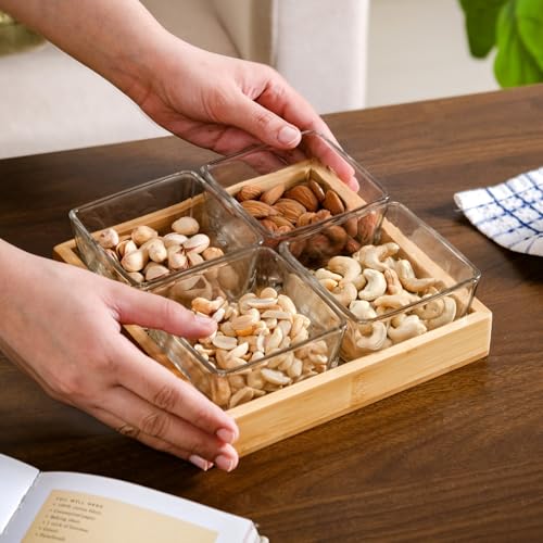 Image of Nestasia Set of 4 Square Glass Bowls (250 ml Each) with Wooden Tray | Transparent Katori for Ice Cream & Dessert, Snacks & Dry Fruits Serving Set for Dining Table, Home & Kitchen - Perfect for Gifting