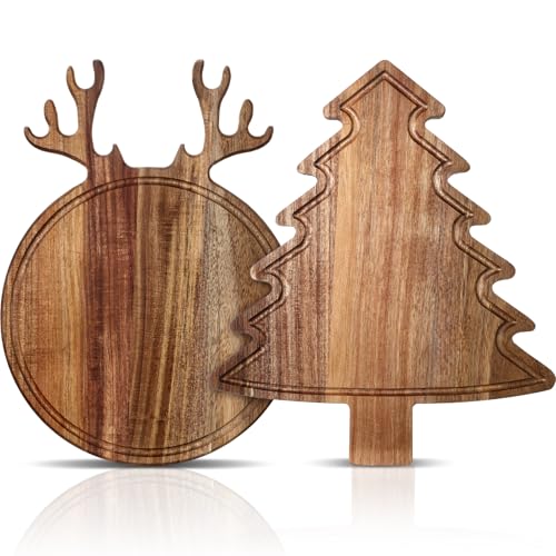 Umigy 2 Pcs Christmas Charcuterie Boards Christmas Tree Wooden Cutting Board with Handle Antler Acacia Wood Cute Cutting Board for Cheese Fruit Bread Salad Vegetables Snack Dessert(Elk Style)