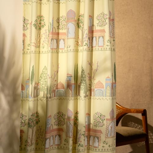 Image of Tranquebar Curtain Co. Window Curtains 5 Feet, 60-65% Room Darkening,Yellow Mughal Print, Cotton Curtains for Window, Cotton Curtains 5 Feet Long Set of 2, BackTab Loops,Agra (152 cm) - Set of 2
