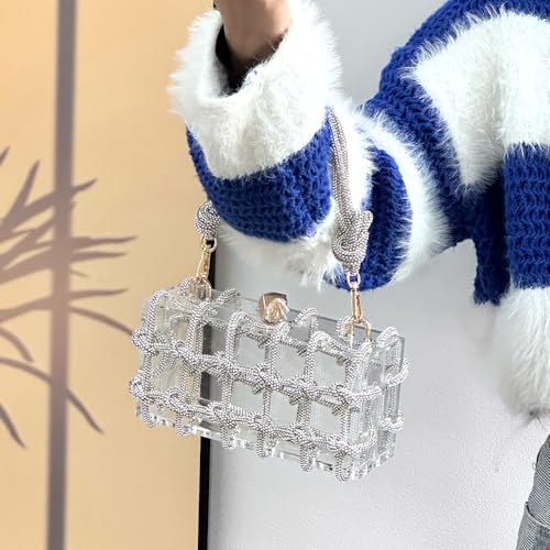 Image of Rhinestone Acrylic Clutch Sparkly Silver Evening Bag, Clear Purse with Bling Rope Perfect for Bridal Prom Club