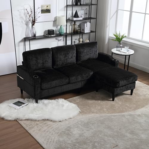 Yihomfy Canape 3 Places avec Tabouret de Rangement, Canapé d'angle modulable, Porte-gobelets et Poches latérales, Tissu Chenille, Canapé modulable en L,...