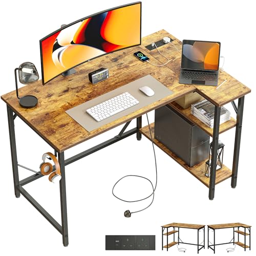 DOMSHOCT Small L Shaped Desk with Power Outlets, 100x70cm