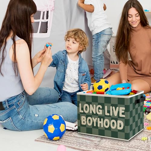 Image of Long Live Boyhood Boys Storage Bins Box with Handles, Green Checkered Pattern Collapsible Basket Organizer for Kids Boy Nursery Room Bedroom Bathroom Playroom Books Clothes