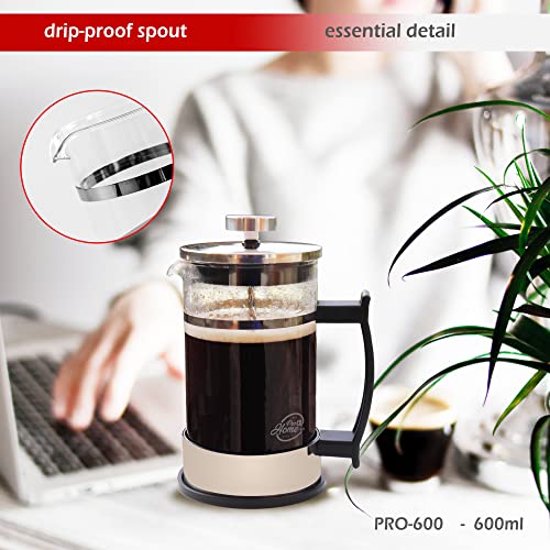 Pro@Home43 French Press Coffee & Tee Maker 0.6L for 4 Cups (0.35L also available) Heat Resistant Borosilicate Glass Coffee Press 600ml including Stainless Steel dosing Spoon - Image 3