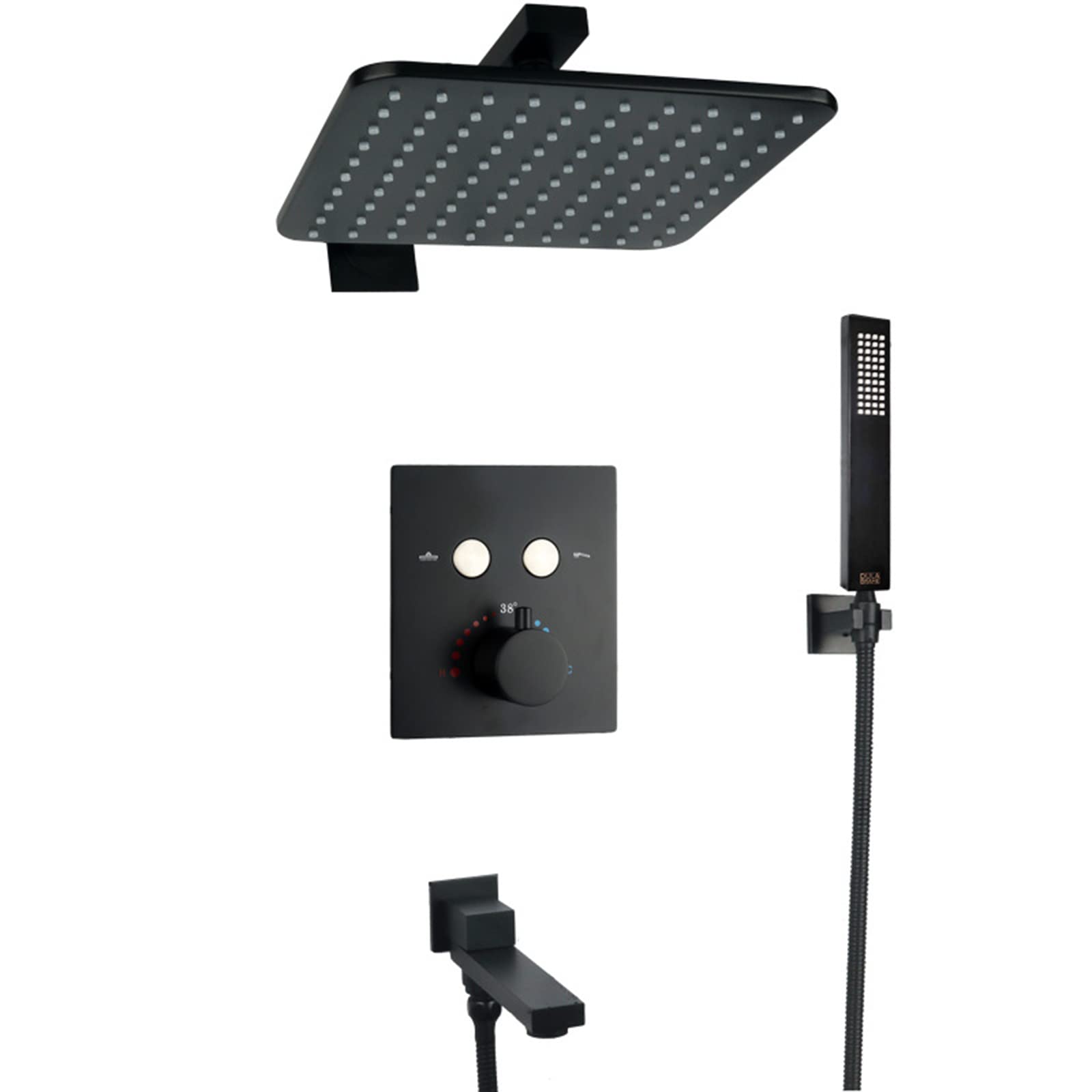 OZBMA Shower Mixer, Concealed Thermostatic Square Head and Hose Set Mixer (Black)