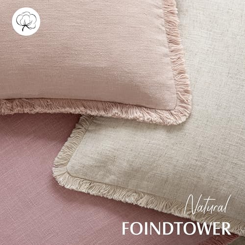 Image of Foindtower Set of 2 Decorative Linen Fringe Throw Pillow Covers Cozy Boho Farmhouse Cushion Cover with Tassels Soft Accent Pillowcase for Couch Sofa Bed Living Room Home Decor,24x24 Inch,Rose Pink