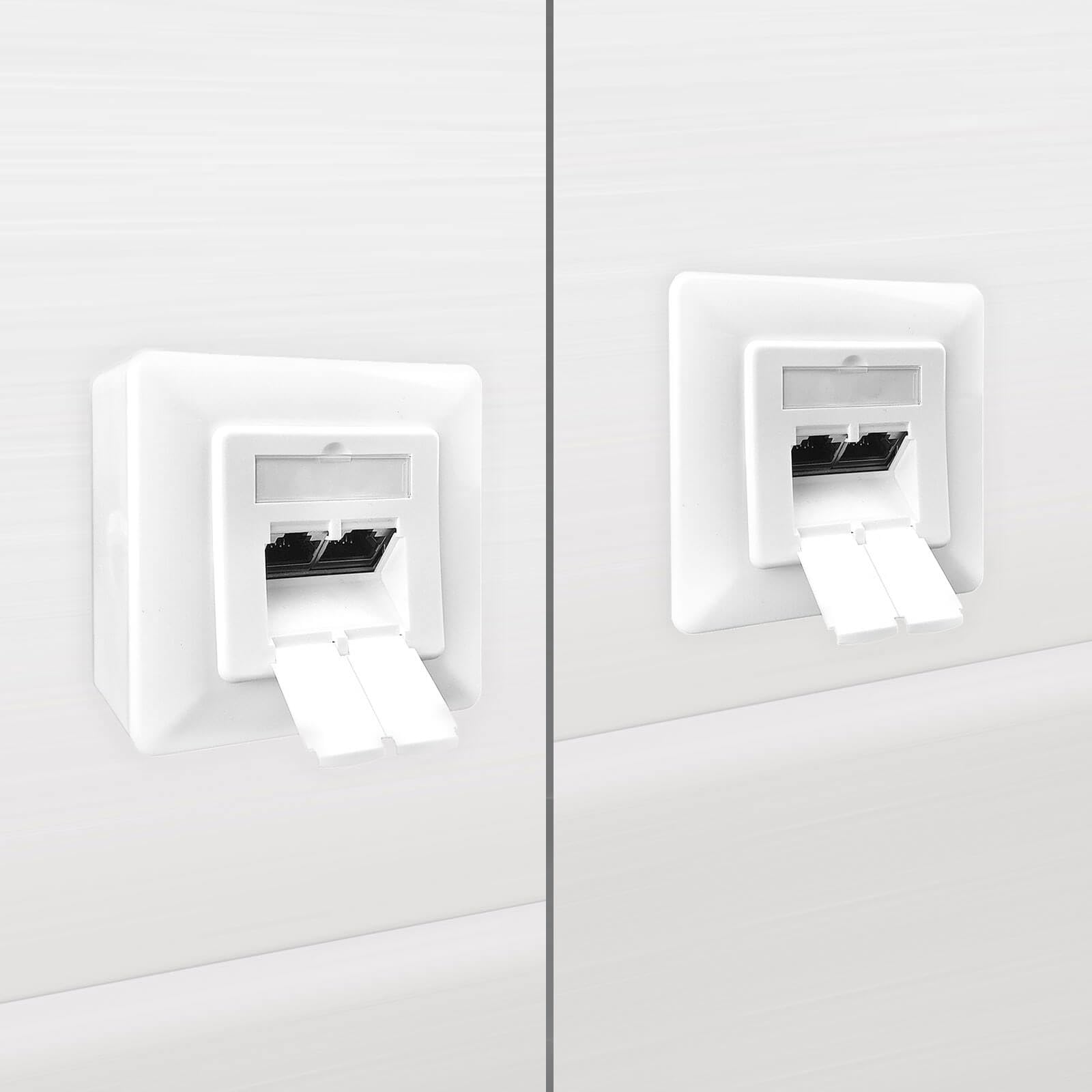 ProfiPatch Netzwerkdose LAN Dose Cat6A 500MHz Aufputz und Unterputz 2X RJ45 Port Anschluss Oben/unten POE CAT7,CAT6A,CAT6,CAT5 geschirmt weiß | Aufputz und Unterputz, Anschluss Oben/unten, POE, geschirmt, CAT7/CAT6A/CAT6/CAT5 kompatibel