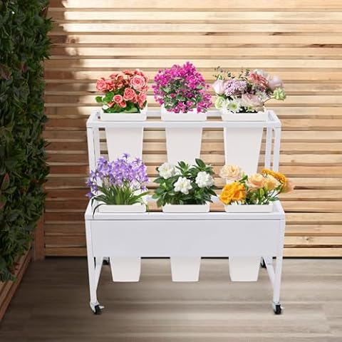 BAIODNB Flower Display Stand with 12PCS Buckets,2 Layers Metal Plant Stand With Wheels Plant Cart, Moving Florist Bouquet Shelf Flower Rack for Indoor, Outdoor Patio Garden, Living Room (Pink+White) Cover