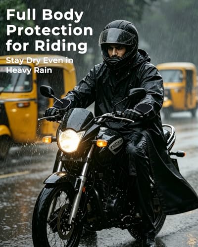 Image of ISABRELLA Long Rain Coat for Men Waterproof, 15000mm H₂O Durable Oxford Unisex Raincoat with Adjustable Wide Brim Hood, Foldable Gloves & Double Zipper for Hiking, Motorcycle Riding