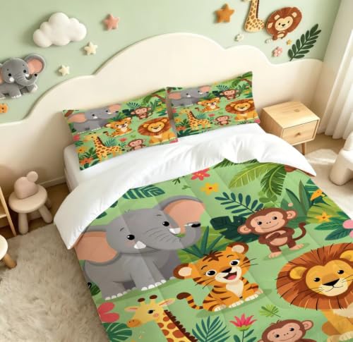 Image of Cute Animal Comforter Set Twin Size Zoo Jungle Bedding Sets for Boys Girls Kids Teens Bedroom Cartoon Elephant Monkey Giraffe Lion Tiger Quilt 1 Comforter 1 Pillowcase