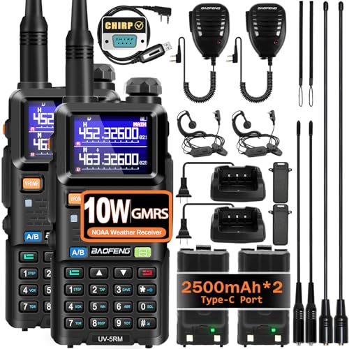 BAOFENG Radio Ham Radio Handheld Long Range UV-5RM 10W Upgrade of BAOFENG UV-5R, Rechargeable Two Way Radios with Chirp Compatible, 2500mAh USB-C Charging Battery for Survival Gear Camping, 2 Pack