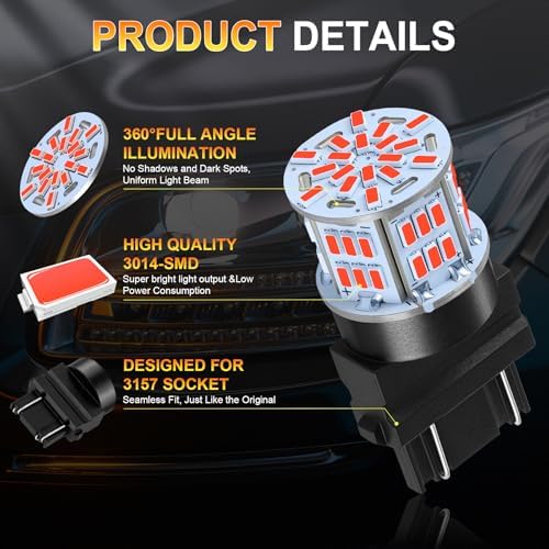 iFunyLED 4PCS 3157 LED Bulb Brake Tail Light 12V-24V Super Bright 3156 3056 3057 3047 4157 LED Replacement Light Kit Set for Car Tail Brake Lights - Brilliant Red — view 4