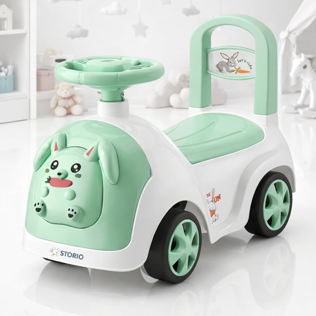 Storio Rabbit Baby Ride-On Car Toy with Light and Music - Green | Push Car for Kids with Backrest & Steering, Blue Color, 1–3 Years-image-37