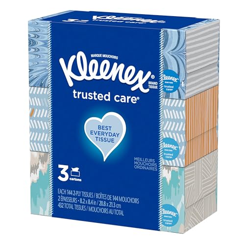 Image of Kleenex Trusted Care Facial Tissues, 3 Flat Boxes, 144 Tissues per Box (432 Total Tissues)