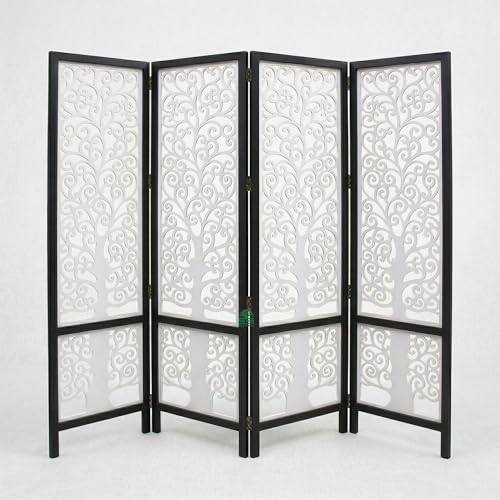 Image of Wooden Room Divider 6 Feet, 4-Panel Folding Wooden Partition for Living Room, Office, Pooja Room, Restaurant, Kitchen & Balcony (2W x 1.82H Meters). (White Black Border)