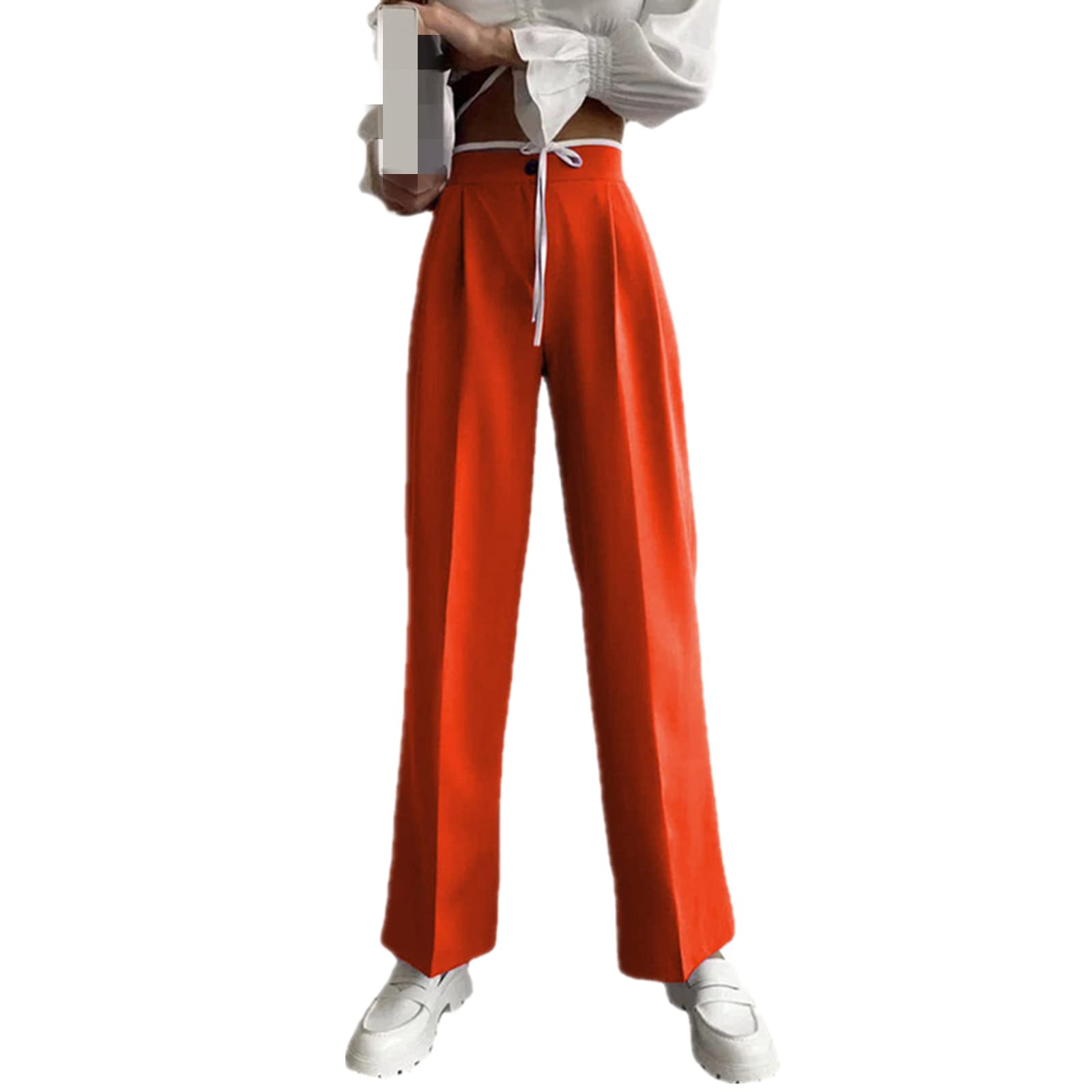 Fashion Womens Casual Workplace Temperament Trousers Loose All-Match Straight Pants Commuter Trousers Orange red 2XL