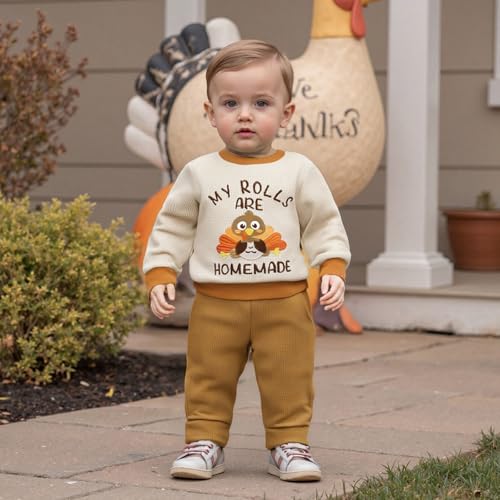 My Rolls are Homemade Thanksgiving Baby Boy Outfit Turkey Waffle Sweatshirt Jogger Pants Cute Toddler Fall Clothes3