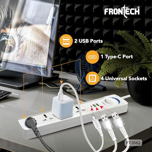Image of Frontech 4-Way Power Extension Socket, 2000W Heavy-Duty Power Strip, Individual Switches with LED Indicators, Universal Sockets, 3M Copper Cable, Fire-Resistant Body, 1 Year Warranty (FT-3565)
