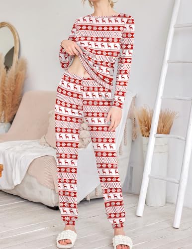 Image of Ekouaer 2 Pack Pajama Sets for Women,Long Sleeve Top With Jogger Pants Lounge Set Sleepwear with Pockets