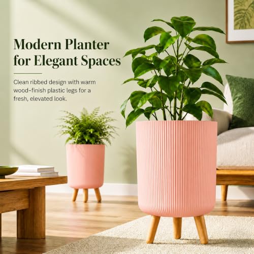Image of Eightiz Store Modern Pink Flower Pot with Plastic Legs | Indoor Outdoor Planter for Home Garden Balcony Decor Ribbed Design Sturdy Plastic Mid-Century Style (Pink, Pack of 2)