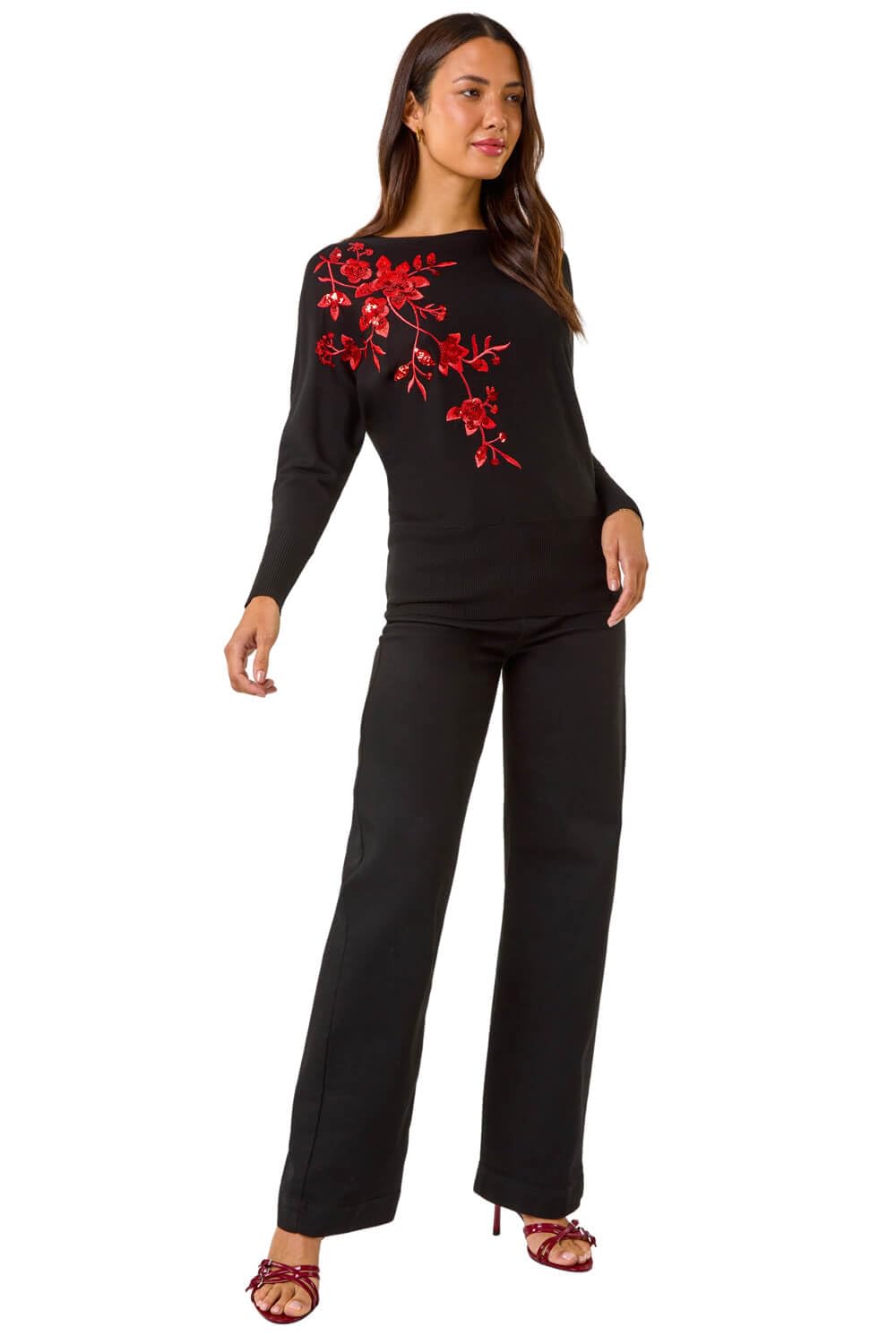 Roman Originals Women Diamante Embellished Jumper Ladies Sparkly Sequin Sweater Batwing Autumn Winter Knit Knitwear Glittery Shiny Casual Evening Going Out Party - Noir Red - Size 12