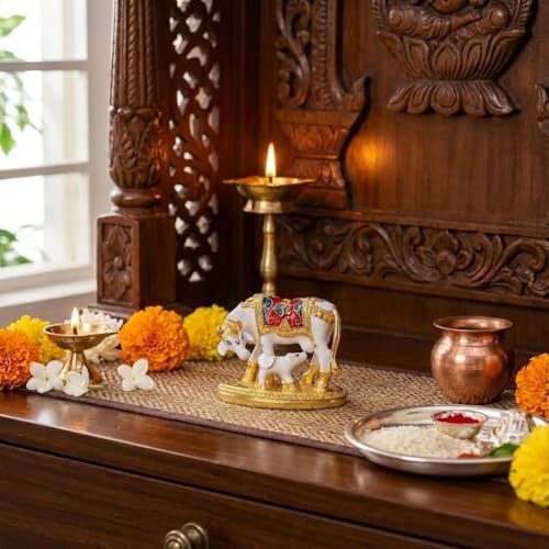 Image of Resin Kamdhenu Cow with Calf Statue for Vastu & Good Luck Show Piece | Idol for Home Decor & Housewarming & Wedding Return Gift (3 Inches) (White)