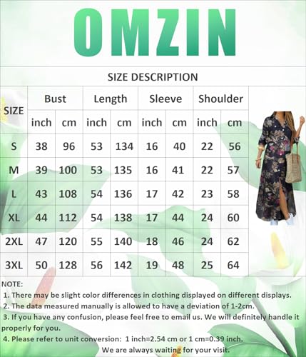 OMZIN Women's Shirts Long Dresses Button Down Vintage Printed Lapel Dress Roll up Long Sleeve Dress2