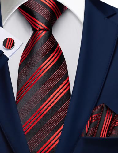 Image of Barry.Wang Man Stripe Ties Set Silk Woven Pocket Square Necktie Cufflinks Formal Party Business