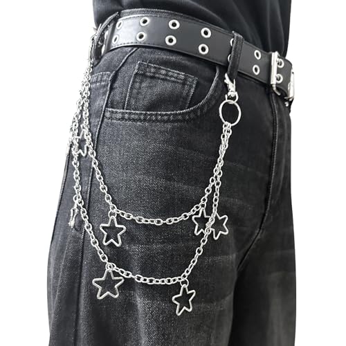 OWMOSYX Silver Star Pants Chain Layered Rock Wallet Jeans Trousers Chain Belt Vintage Goth Punk Hip Hop Body Accessories for Women Men (Pentagram style)