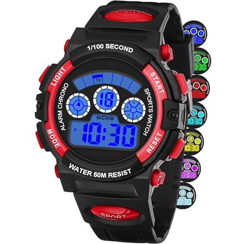 DTKID Digitale Montre Enfant garçon Fille, 7 Couleurs de LED, Montre pour Enfants avec Alarme, Chronomètre, Date, 5ATM Waterproof Outdoor Sports Watch for...