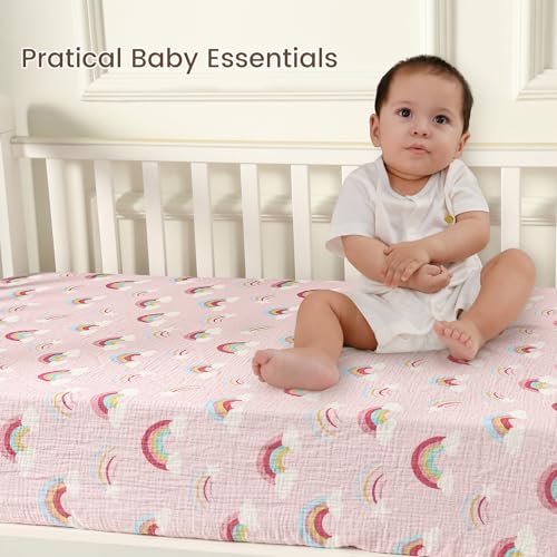 Image of david's kids Muslin Crib Sheets for Girls, 2 Pack 100% Cotton Soft Breathable Fitted Baby Sheet Set, Standard 52 inchx28 inch Crib and Toddler Mattress, Rainbow