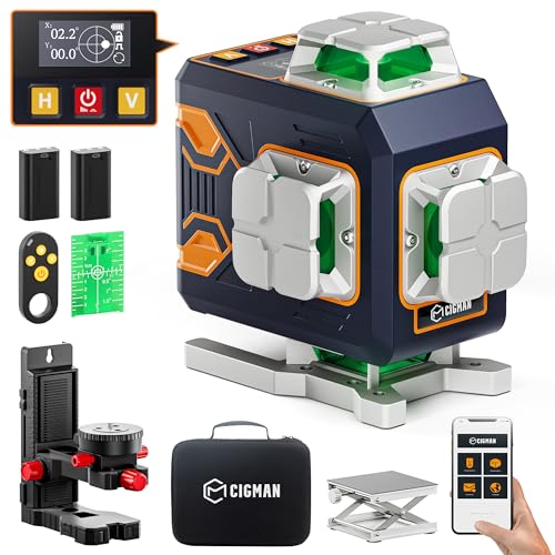 Niveau laser vert CIGMAN, télécommande APP, niveau laser à nivellement automatique 4x360°, outil de niveau laser à lignes croisées, ligne horizontale/verticale, avec support rotatif, sac de transport
