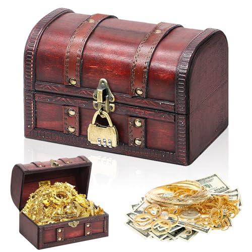 Forbabe Schatztruhe aus Holz Vintage, Schatztruhe Kindergeburtstag Truhe mit Schloss Schatzkiste Kindergeburtstag, Holztruhe mit Deckel Zahlenschloss, Holzkiste mit Deckel(20x13x12,Ohne Griff)