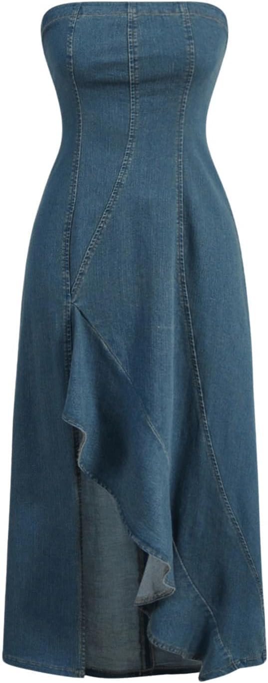 MakeMeChic SMALL Women's High Split Tube Denim Dress Sleeveless Ruffle Trim Midi A Line Dress Small Medium Wash