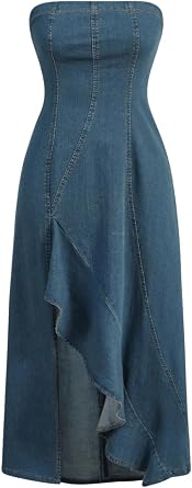 MakeMeChic Womens Denim Dress High Split Tube Sleeveless Ruffle Trim Midi A Line Dress