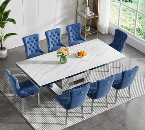 Image of 9-Piece Extendable Dining Table Set for 8, Modern 63 inch-94 inch White Faux Marble Expandable Kitchen Table Set with 8 Velvet Chairs, Large Extendable Dining Room Tables with Mirrored U-Shape Base