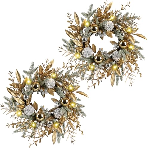 Christmas Wreath 20 Inch Door Decorations Wreath with Warm Lights Set of 2,Christmas Balls, Pine Cones, Golden Twigs, Pine Needles and Silver Berries,Perfect for Front Door, Indoor Outdoor Use