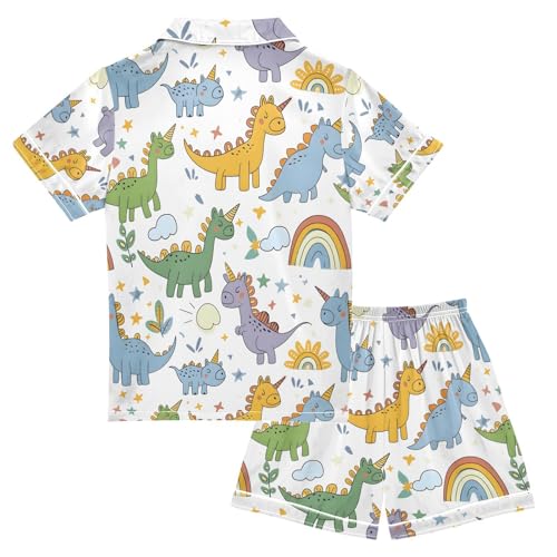 ALAZA Unicorn Dinosaur Print Pajamas Satin Pajama Set Short Sleeve Button Down Sleepwear2