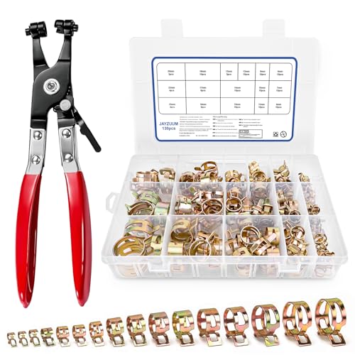130 Stück schlauchschellen EdelstahlSet 625 mm 16 Größen Sortiment mit Schlauchklemmzange Federbandschellen Klemmen für Auto Kraftstoffleitung Garten Haushalt & Werkstatt (Roségold)
