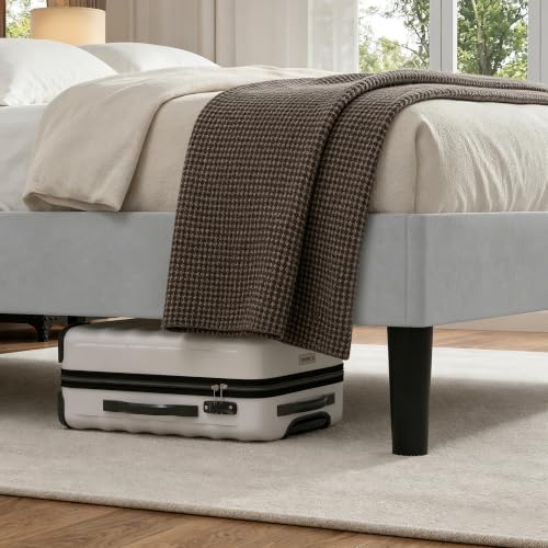 Image of VECELO Queen Size Bed Frame with Upholstered Headboard, Velvet Platform Bedframe Mattress Foundation, Strong Wood Slat Support, No Box Spring Needed,Light Grey