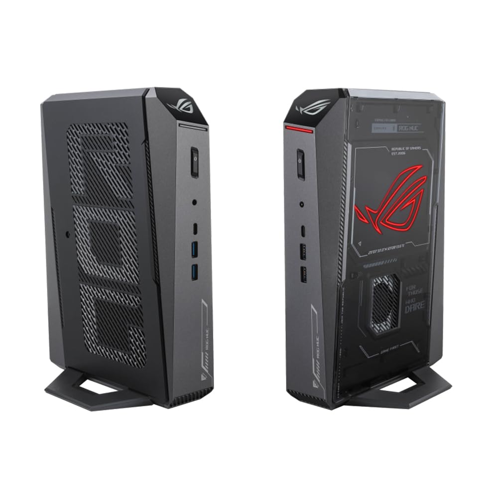 ROG NUC 2025 Mini PC con Intel Core Ultra 9 275HX, GPU GeForce RTX 5080, DDR5 da 32 GB, SSD da 1 TB, raffreddamento a tripla ventola, supporto per cinque display 4K, Wi-Fi 7, per giochi e AI.