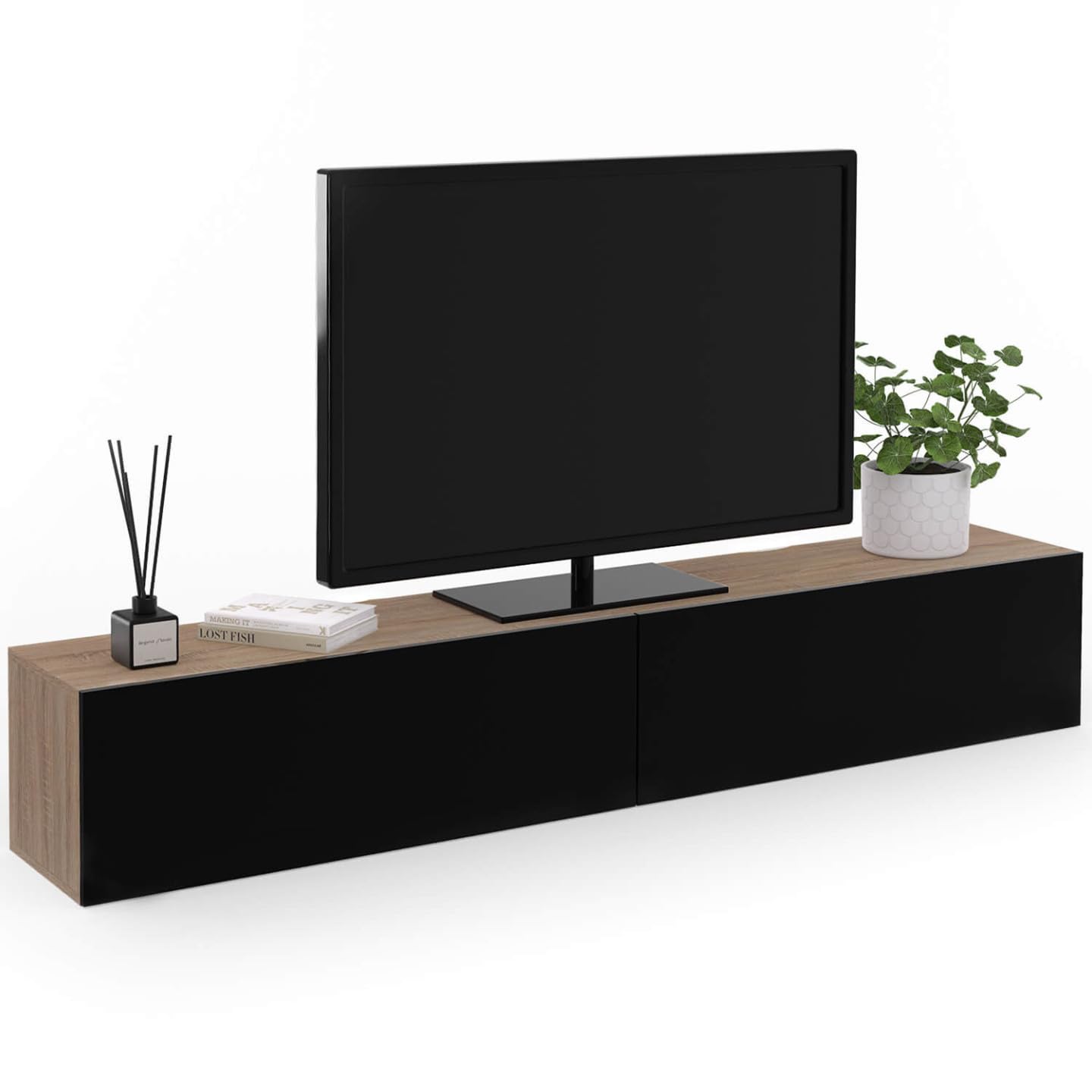 IDMarket - Meuble TV 180 cm Suspendu Elio 2 Portes Bois et Noir