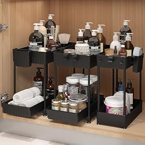 3 Sets of Under Sink Organizers, 2-Tier Multi-Use Kitchen and Bathroom Organizers and Storage with Sliding Drawers，Bathroom Cabinet Organizer (Black)