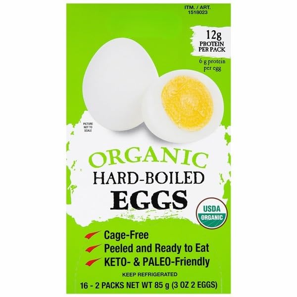 Organic Hard-Boiled Eggs , Ready to Eat Protein Snack, Fully Cooked Eggs, Convenient Healthy Snack for Home & On-the-Go , Made from high-quality eggs sourced from cage-free hens , Great source of protein for energy, fitness, and healthy eating . 16-count, 2-pack , TOTAL NET WT [ 48 oz , 3 lb ]
